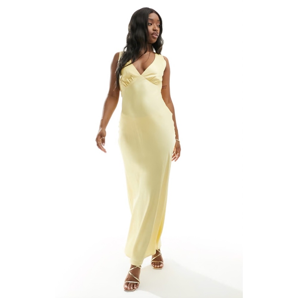 Abercrombie & Fitch Butter Yellow Satin V-Neck Cowl Back Maxi Dress XL